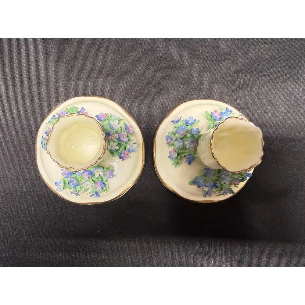 Rare pair crown staffordshire candle holders flowers purple porcelain 2